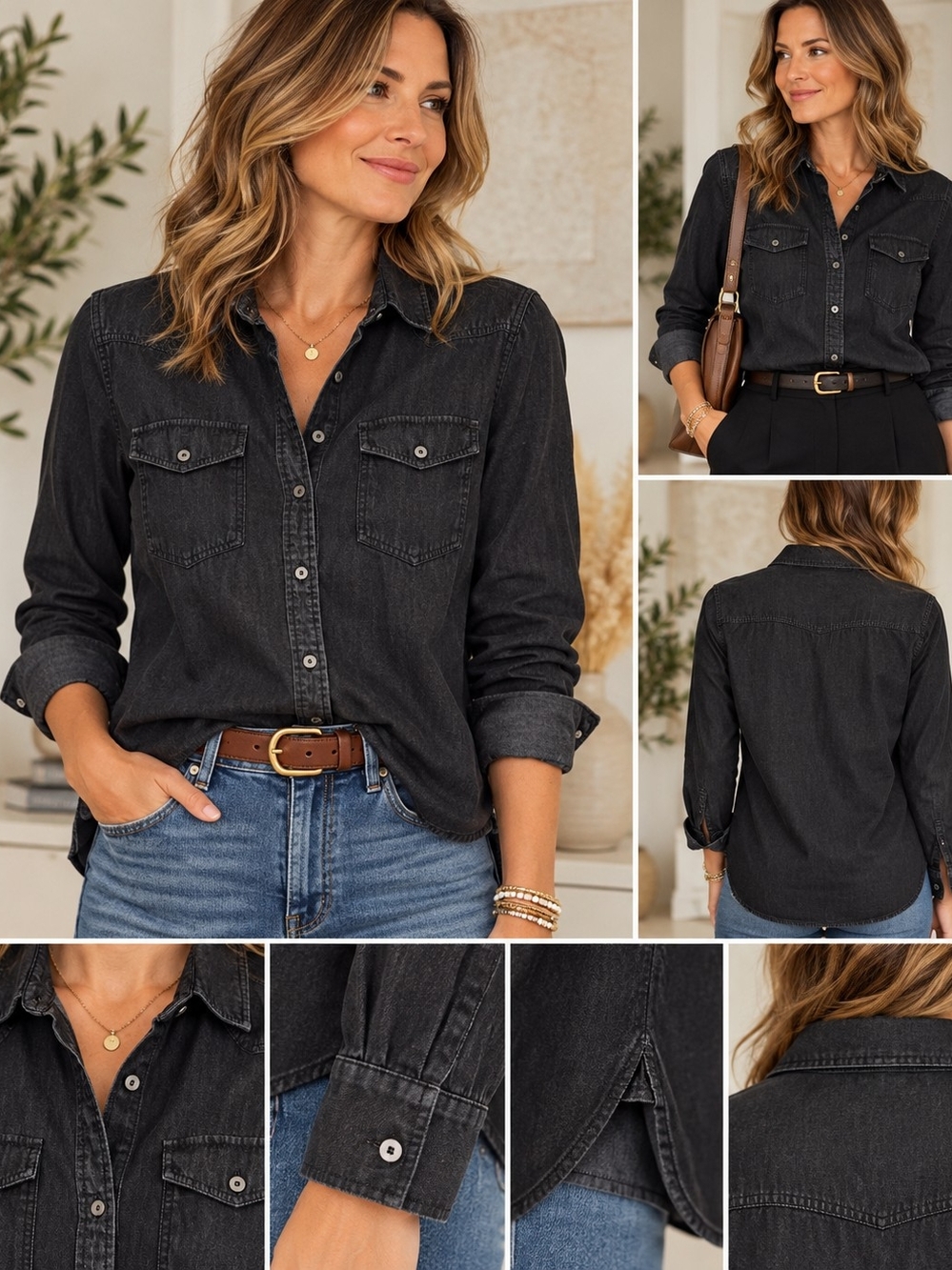Zara Z1975 Denim Black Chambray Button-Up Shirt M